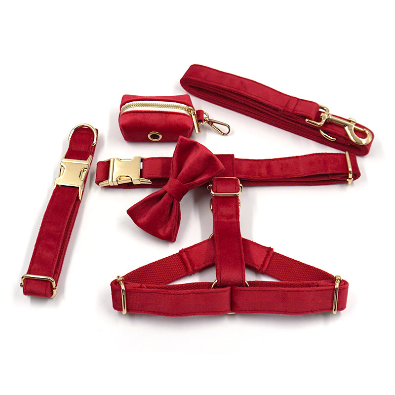 2025 New Arrive Christmas Red Velvet Dog Collar and Leash Poop Bag Holder Bow Tie Harness
